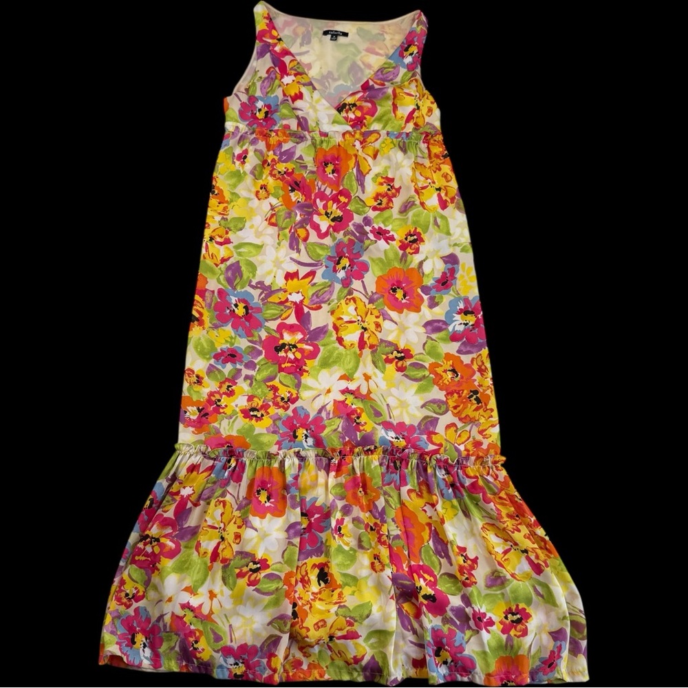 Rafaelle‎ Floral Pink Yellow Green Purple Ruffle Midi Dress Lined Size 8